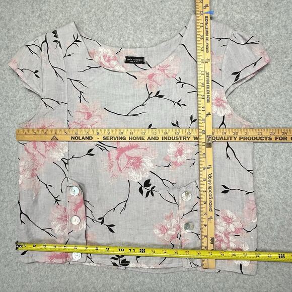 Luca Vanucci 100% Linen Top Women L 42" Bust Gray Floral Round Neck Blouse Italy - Picture 7 of 15